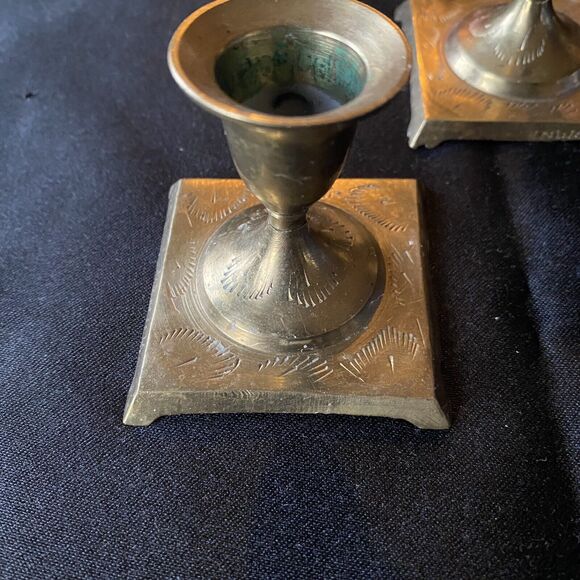 Vintage Mid Century Etched Tapered Candle Holder Set Of 2. Solid Brass. India. - Picture 6 of 7